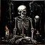 Placeholder: ink art of a skeleton, fluid, dripping, very dark room, candle light, high contrast