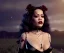 Placeholder: Rita ora, 1800s, vampire, fangs, long curly black hair, choker, black rose, Victorian dress, headdress, glamorous