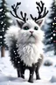 Placeholder: Create a white black Fluffy reindeer Mixed with a kitten in the Snow playing in the background is snowing