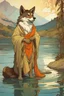 Placeholder: Furry werecoyote inindies at the lake. Renowned character illustration by alphonse mucha