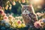 Placeholder: antropomorph cat owl in a flowergarden in sunshine, ethereal, cinematic postprocessing