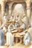 Placeholder: Several Christian priests of the 1st century AD are sitting in a cave and actively arguing and gesticulating, each holding a scroll of Ancient Scripture, many ancient scrolls are lying on a wooden table in front of them, everything is written in watercolor in high resolution, in 8k.