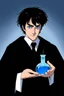 Placeholder: black hair, blue eyes,19year old, male, wearing black robes, alchemist, holding a flask full of blue liquid, in the style of Charles Addams