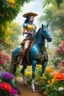 Placeholder: A colorful futuristic robotic cowgirl supermodel she on ridding horse in farmer surrounded by a lush garden of exotic flowers