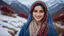 Placeholder: Hyper Realistic close-up-view of a Gorgeous-Young-Pashto-Women-with-beautiful-blue-eyes smiling & whirling wearing blue-grey-dress & beige-shawl-with-maroon-embroidery on mountains-with-flower-garden at snowfall night withy dramatic & cinematic ambiance