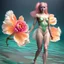 Placeholder: PHOTOREALISTIC PORTRAIT OF A GIRL of Cirque dU soleil, WALKING ON THE SHORE AT THE MOONLIGHT, AND EMBRACING PINK YELLOW PEONIES, VIVID colors: torquoise, pale salmon, persimmon, grey-green , pale lemon yellow, greenish gold, metallic bronze. ULTRA detailed; CORRECT anatomy, FACE and eyes, HIGH RESOLUTION AND DETAILS, HIGH DEFINITION, STYLE BY RAFFAELLO, MICHELANGELO, KAROL BAK, ANDY WARHOL, Anna Dittmann