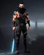 Placeholder: muscular ninja assassin, athletic build, wearing black and gray baggy pants with pockets, black hood and black balaclava mask, big boots, buckles, straps, daggers, dark hazel eyes, eyes are both in proportion and green, 3/4 look, standing, dark cobblestone alley, candle light behind head, intense, non photorealistic rendering in the art style of j.scott campbell