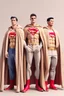 Placeholder: three men in different Winter Balenciaga Superman's big emblem clothing, beige tones, fashion plates, outfits, modern designs, deconstructed tailoring, rendered in cinema4d –q 2 –ar 3:5