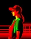 Placeholder: woman with a red baseball hat. leaning on a wooden balcony. night time. fantasy. medieval. studio lightining.