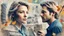 Placeholder: old worn paper, Double exposure, newspaper scraps, blonde woman and 40 year old man, love, drawing, old background, embossing, layering, 3 D, Double exposure, city in hair, branches, , buildings, drawing, autumn, ART portrait, fine rendering, hyperdetail, hyperfocus, hypersharpness, bright colors, Double exposure, one bird, wind