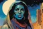 Placeholder: create an imaginative illustration of a Tuareg female, in traditional dress, with finely detailed facial features, in the ruins of Djado under the midnight sky, in the comic book art style of Bill Sienkiewicz, Mike Mignola, and Jean Giraud Moebius, finely textured, drawn, colored, and inked