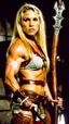 Placeholder: Amy Jo Johnson as hunter , Very muscular woman with long blonde hair in barbarian clothes with a bow