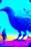 Placeholder: giant blue bird attacking small man in the metaverse style of beeple