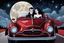 Placeholder: close up illustration from a surreal comics caracter vampire couple (pale skin, dark hair, black-dark red nice gothic clohts) riding a sport coupe car, driving toward you in Summer night,they looking at camera, Tim Burtron and El Kazovszkij style , blue sky with moon and stars. They driving down a surrreal crepy stunning scenic , surrounded by black trees siluette, high detailed, cold silver and dark colors, intricate details, beautifull shot, pale lights, surreal mood, anime, cinematic