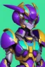 Placeholder: One Genderless Cyborg made of old metal, has a human like face with a really long violet ponytail, the armor is similar to Omega from Megaman. The color palatte of the armour is deep purple and yellow. They have clear visor, and have Turquoise colured eyes.