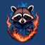 Placeholder: Raccoon, burning in hell, in army, blue fire, most realistic, atmospheric, hesh, retro style, t-shirt design, detailed character, minimalist background, logotip