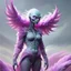 Placeholder: extraterrestrial being, female, bipedal, otherworldly, pastel pink fur-covered skin, large lavender eyes, long feathery tail, alien, intricately designed, highly detailed, Greg Rutkowski