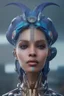 Placeholder: portrait,beautiful african robotic sirene, post-apocalyptic in a cyberpunk city, realistic, intriacte detail, sci-fi fantasy style, volumetric lighting, particales,highly detailed,cinematic, deep blue.