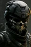 Placeholder: A soldier in the game Titan Fall 2 , he wears a BLACK skull helmet that covers his face, the helmet looks like a skull and is black, he is a rifleman, and his callsign is Titan. His colors are black and dark olive