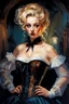 Placeholder: Blonde Thin curvy Scandinavian Woman 30yo, Big Eyes, Long Eyelashes, Eyeshadow in a victorian corset dress by Gil Elvgren and Alex Ross and Carne Griffiths, detailed painting with dramatic shading, at night