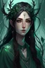 Placeholder: Young beautiful female Hexblood Warlock, long dark brown-black hair styled in elegant half-braids, glowing pale emerald-green eyes, delicate facial features. Thin twisted black thorn-like branches grow naturally from one side of her head, weaving seamlessly through her hair like an eerie crown, with tiny dark leaves and vine-like roots blending into her scalp. Faint dark vine markings trail along her neck and collarbone. Dark fantasy, realistic, cinematic, highly detailed.