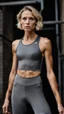 Placeholder: photography of a beautiful anorexic woman, grey satin triathlon top, sports illustrated, blond short wavy bob haircut, pronounced sternum, flat chest, anthracite cycling leggins