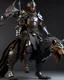 Placeholder: Warrior warrior with leather and metal clothes A combination of a dragon and a wolf and a commander riding on it Warrior warrior with leather and metal clothes and robotic metal