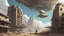 Placeholder: A small, wide, squat Spaceship in a ruined alien city, surrounded by tall damaged buildings, clear blue sky, small white clouds, photorealistic