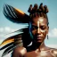 Placeholder: A beautiful portrait of a cyberpunk cyborg black tribal woman with lot's of grain on her skin and big tribal tatoos all over the skin, with natural hair floating in the wind cyborg smiling facing camera orange color scheme, high key lighting, volumetric light high details with white stripes and feathers unreal 5, octane render, cinema4d, dynamic lighting, dramatic lighting, 4k, redshift render, highly detailed, hyper realistic