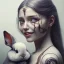 Placeholder: a cute smiling girl holding her toy bunny, tattoo in her face, michelangelo oil painting, steam punk, scary, horror, realistic, made in octane, cinematic, ultra-realistic, extremely detailed octane rendering, 8K, VRAY Super Real ar 2:3, dof photorealistic futuristic 50mm lens hard lighting dark gray tintype photograph, realistic lighting, sephia colors