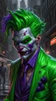 Placeholder: masterpiece, best quality, high details, highres, ((ccurate)) , Joker's twisted transformation into the Hulk, chaotic and unpredictable, green-skinned with wild purple hair, torn purple suit, a maniacal expression on his face, smashing through the city with his immense strength, fujifilm, trending on artstation,