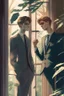 Placeholder: 20 Year boy with pretty face he is gay and gentle. smoking behind window while looking outdoor trees. His in a full official suit. his boyfriend beside him. They are happy