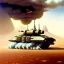 Placeholder: Chris Foss painting of a battle scene with an armored hovercraft with gun turret in the desert with stormy skies and a duststorm