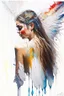 Placeholder: A detailed illustration of a beautiful young female human with growing out of her back. Her skin, hair and face are all made of paint. Her wings are spread. Highly detailed flawless facial features and eyes. Abstract Oil painting splash art. White background, wide angle, abstract design, beautiful, thick flowing paint strokes, dripping paint, fantasy art, modern art, ((soft happy complimentary colors,)) modern aesthetic, focused on the character, 4K resolution.