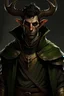Placeholder: dnd character art of a male tiefling warlock. Short ram-style horns, black eyes, tiny pointed ears, tanned skin, olive complexion, black hair. Dressed in worn, tanned leather armor and a weathered, dark green cloak, styled after a jedi. Cinematic, cgi, unreal engine