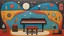 Placeholder: Lonely pianist, folk art surreal; mid-20th century naive art, abstract,