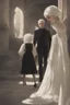 Placeholder: Woman with white hair wearing a white dress, walking down a sunlit stone hall, AND a handsome man in the background lurking in the shadows with long black hair