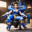 Placeholder: [high res photo] This is chun li from street fighter with her iconic outfit, bound to a machine chair. her hands are bound to the arms of the chair, her feet to the bottom of the chair, spread. toys in the background, there is a rolling pin on her lap