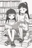 Placeholder: Little girls sitting together, reading books with rectangular-shaped pages. Incorporate rectangles for the books, bookshelves, and cozy reading nooks.,very happy , Colloring page for todlliers ; basic hawali style cartoon , black and white , ink outlines , , smooth , anime style , minimalist , cute eyes , full body , white shose , sketchbook , realistic sketch , free lines , on paper , character sheet , clean line art high detailed