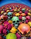 Placeholder: a field of skulls, multi colored, bright, vivid, psychedelic, high detailed, matte, bunches and bubbled up clumps, horrorcore, vines, unsettling contrast, through a fisheye lens