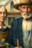 Placeholder: Color Portrait of an old Appalachian farmer couple early 1900s, beautiful painting with highly detailed face by greg rutkowski, Lee Jeffries, magali villanueve Modifiers: extremely detailed oil on canvas photorealistic New Age: American Gothic An elderly couple in vintage farm attire stand before a barn, the woman holding a basket of fruit and the man clutching a pitchfork.