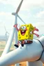 Placeholder: Patrick from Spongebob sitting on the blade of a wind turbine, with speed and wind hitting him in the face, wind farm in the background