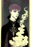 Placeholder: 17 year old boy, necromancer, friendly, looks dead, surrounded by weird smoke with eyes, wearing black robes, in the style of Harry Clarke