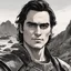 Placeholder: A portrait of Joaquin Phoenix in his early 30s, long beachy haircut, black hair, on a rocky island, in ebony armor from Skyrim, melancholic and dangerous facial expression, half-smiling, drawn in the style of ink manga sketch