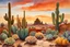 Placeholder: Dramatic painting, papercut, bonsai and cacti, sunset in a desert garden in Navajo country. Watercolour by Alison Brady. Pastel colours Modifiers: Arthur Rackham Watercolour Jean-Baptiste Monge Ernst Haeckel Minimalist Kay Sage watercolour art