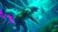 Placeholder: cyberpunk, A dramatic, action-packed photograph of a Mycteroperca brevicarpalis chasing and capturing its prey in a dynamic, underwater scene, pastel, soft tones, vaporwave, neon colors, science fiction, detailed scene