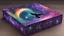 Placeholder: a box 10 cm long by 5 cm wide and 25 cm high, drawn on a box on all sides, space, tress, planets, crow galaxies a lot of colours purple, green and red, portal in the sun, realistic