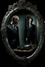 Placeholder: the camera see a man and mirror, the man see yourself or others in mirror, surreal mood, cracked glass, metal, cold and dark colors, nightmare, other side, monster, shadows, sinister, dark dream, high detailed, sharp focus, masterpiece