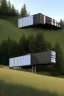 Placeholder: Medium-sized modern house made from shipping containers, on a hill overlooking the woods, photorealistic