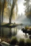 Placeholder: Circle pond, soft fog, with light breaking through, tall white birch trees, and a stone path flanking both sides of the pond going up to a gazebo, mystic fantasy genre